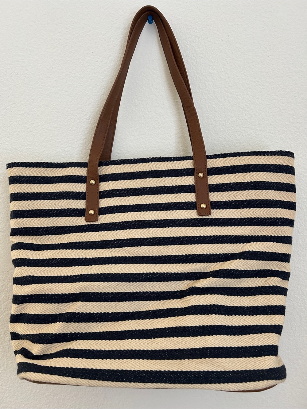 Forever 21 Navy & Cream Striped Tote with Brown Handles - Picture 5 of 5